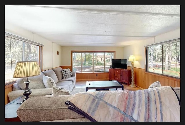 living room featuring a textured ceiling and wood walls