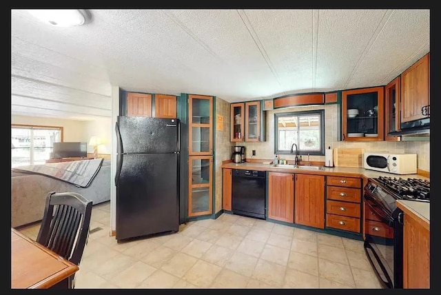 kitchen featuring range hood, a wealth of natural light, sink, and black appliances