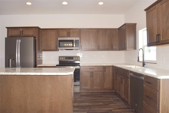 kitchen with decorative backsplash, sink, appliances with stainless steel finishes, and dark hardwood / wood-style flooring