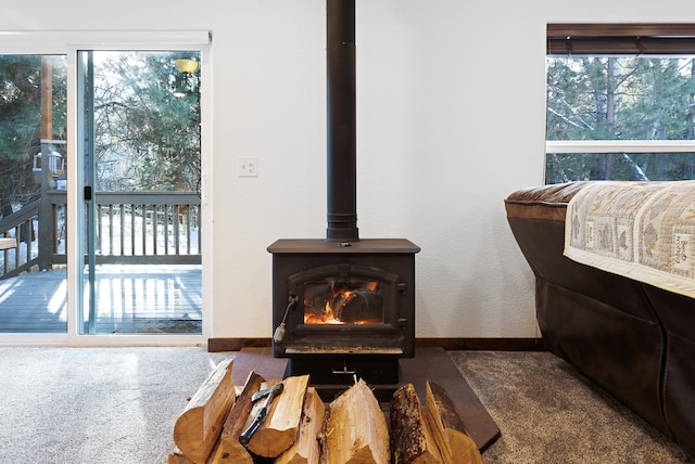 interior details featuring a wood stove