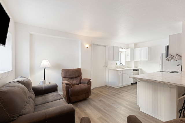 living room with sink and light hardwood / wood-style flooring