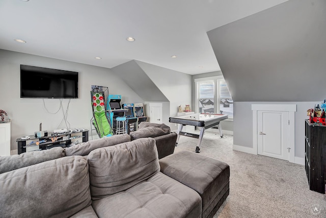 living room featuring light colored carpet and lofted ceiling