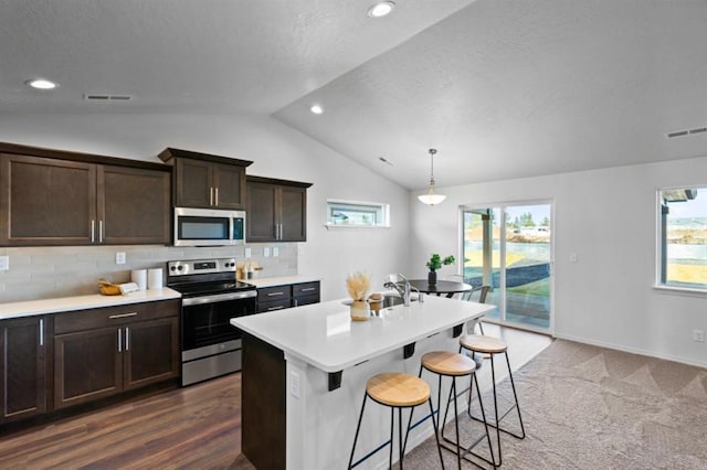 kitchen with pendant lighting, appliances with stainless steel finishes, lofted ceiling, an island with sink, and tasteful backsplash