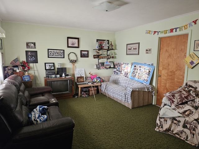 living room featuring carpet and ornamental molding