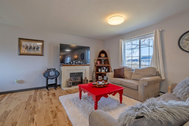 3761 Aster St, East Helena, MT 59635 - living room featuring light wood-style flooring, a baseboard radiator, a brick fireplace, and baseboards