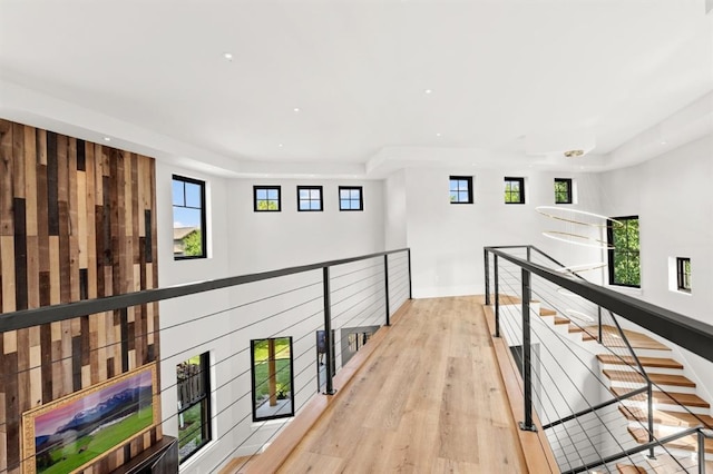 corridor with a tray ceiling, light hardwood / wood-style flooring, and a healthy amount of sunlight