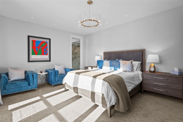 carpeted bedroom featuring a chandelier