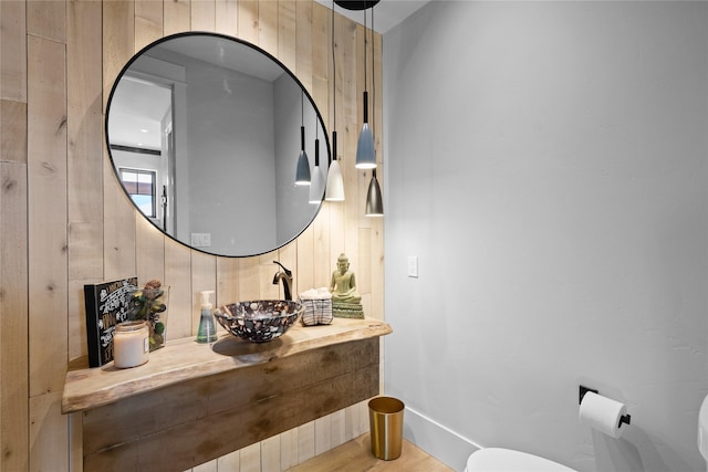 bathroom featuring vanity, wooden walls, and toilet