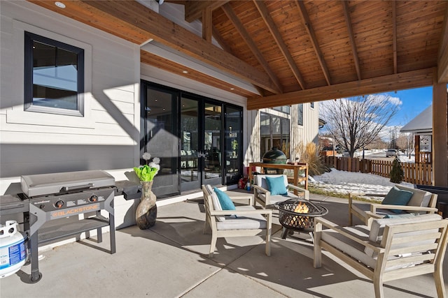 view of patio / terrace featuring a fire pit