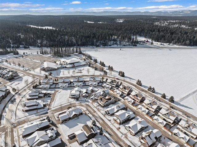 snowy aerial view featuring a mountain view