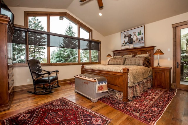 bedroom featuring ceiling fan, lofted ceiling, and light wood-type flooring