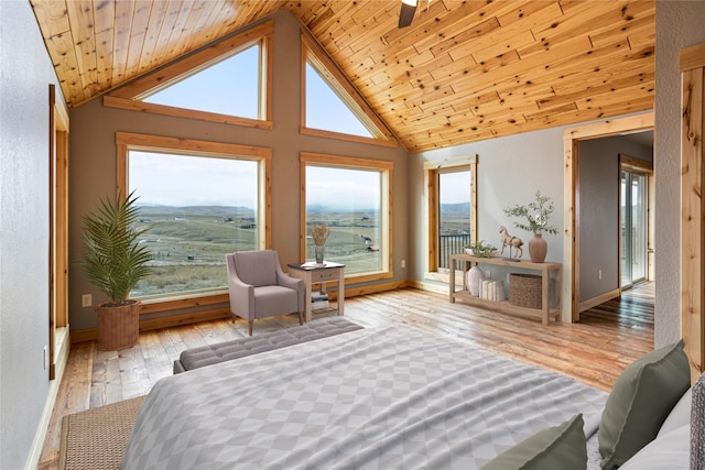 bedroom with hardwood / wood-style floors, wood ceiling, high vaulted ceiling, and baseboards