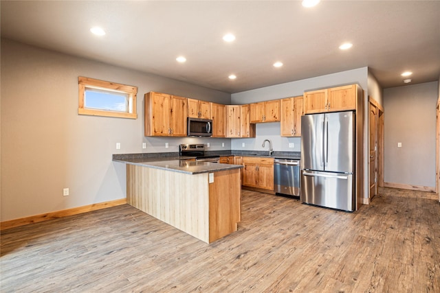 kitchen featuring light wood finished floors, dark countertops, a peninsula, and appliances with stainless steel finishes