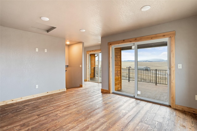 spare room featuring baseboards, a textured ceiling, wood finished floors, and attic access