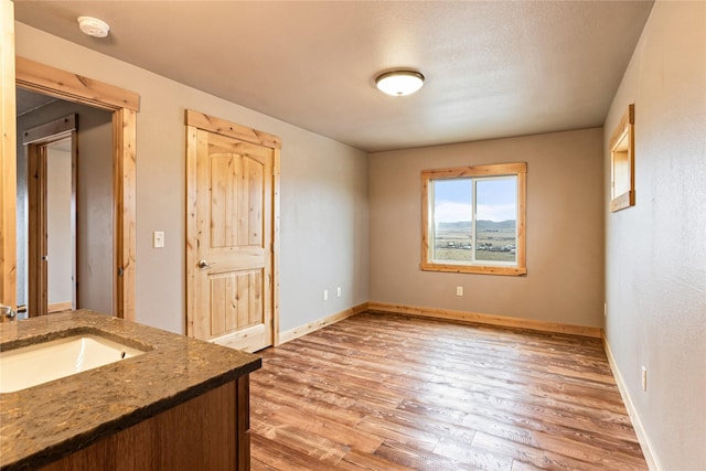 interior space featuring baseboards, wood finished floors, vanity, and a textured ceiling