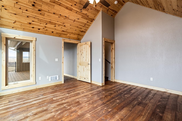 unfurnished bedroom featuring vaulted ceiling, wooden ceiling, hardwood / wood-style floors, and ceiling fan