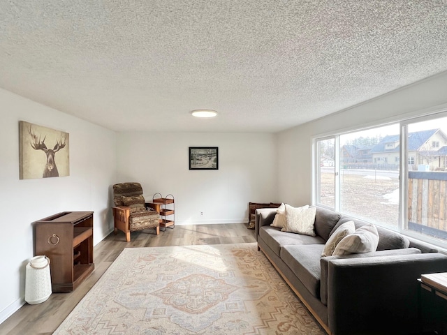 living area featuring light wood finished floors, a textured ceiling, and baseboards