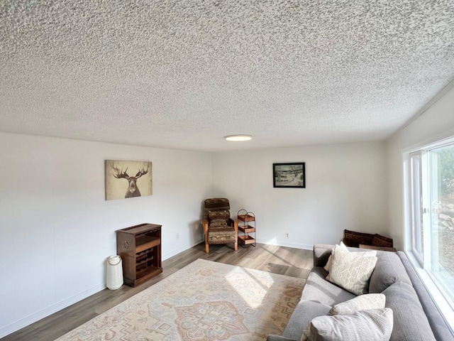 living room featuring a textured ceiling, baseboards, and wood finished floors