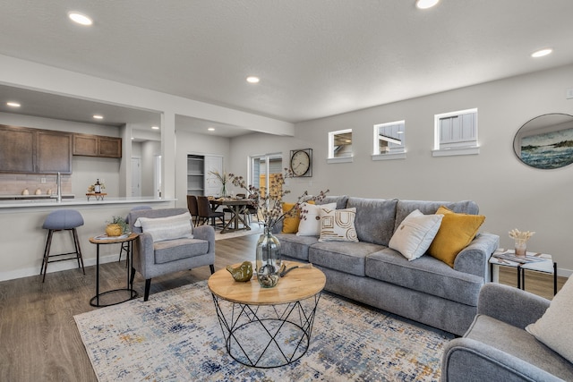 living room featuring hardwood / wood-style flooring and sink