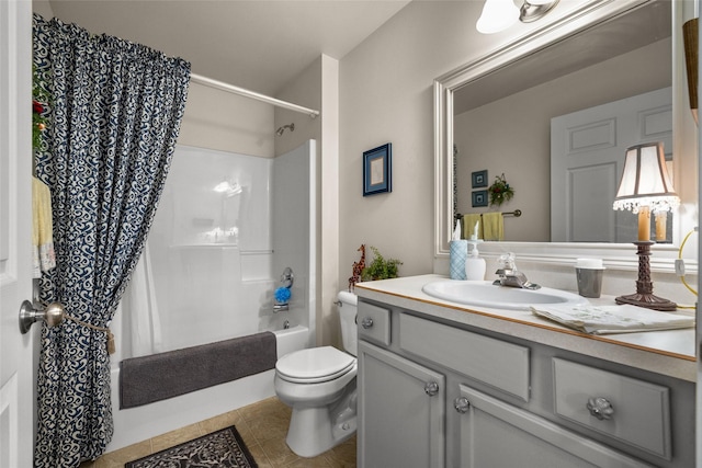 full bathroom featuring toilet, shower / tub combo, tile patterned floors, and vanity