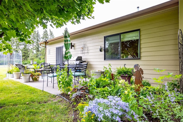 back of property with a yard and a patio