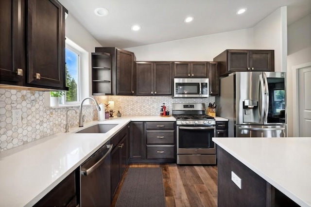 kitchen featuring lofted ceiling, dark hardwood / wood-style floors, sink, appliances with stainless steel finishes, and dark brown cabinets