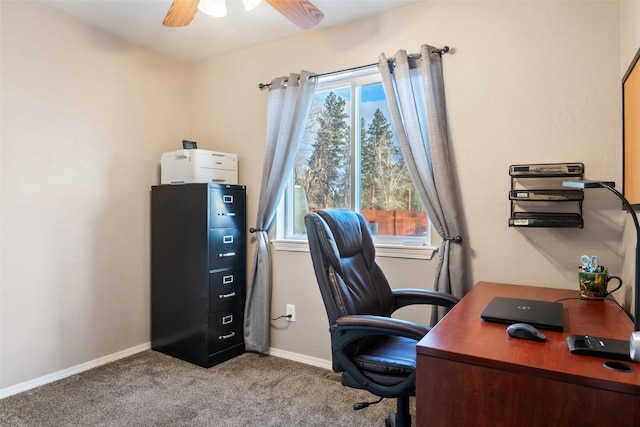 carpeted home office featuring ceiling fan and a healthy amount of sunlight