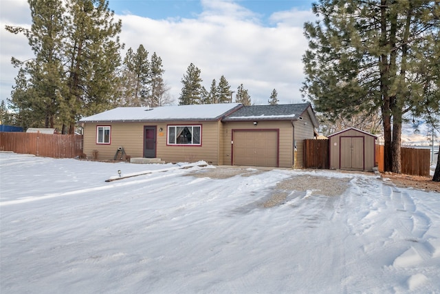 ranch-style home with a shed