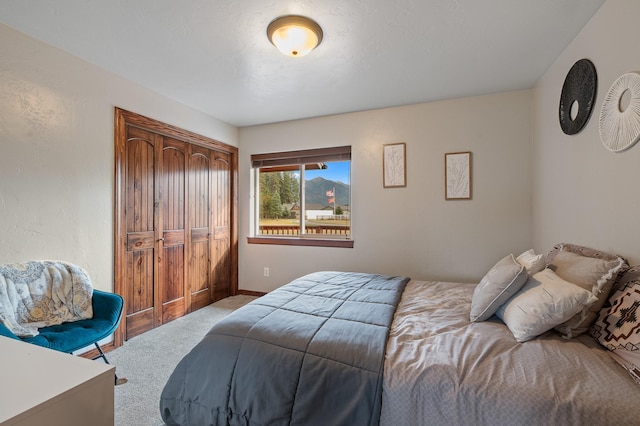 bedroom featuring a closet and light carpet