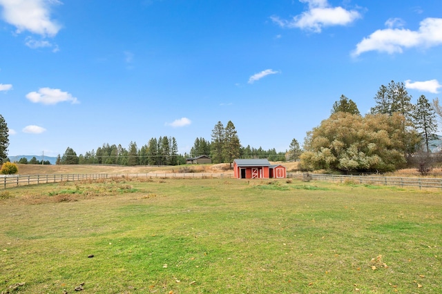 view of yard with a rural view and a storage unit