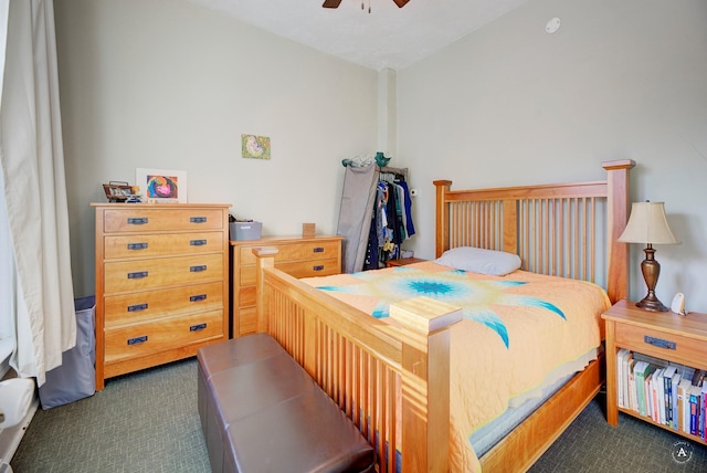 carpeted bedroom with ceiling fan