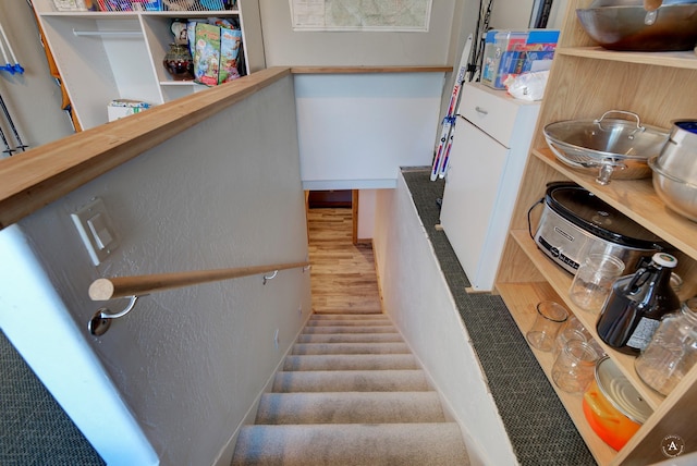 staircase with hardwood / wood-style flooring