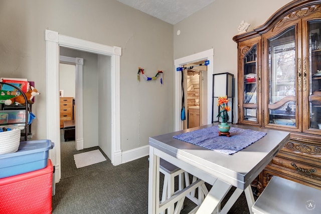 carpeted dining area with a textured ceiling