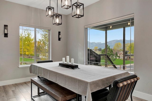 dining room with a mountain view, light hardwood / wood-style floors, and a wealth of natural light