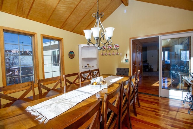 dining area featuring a notable chandelier, beamed ceiling, wood finished floors, wood ceiling, and high vaulted ceiling