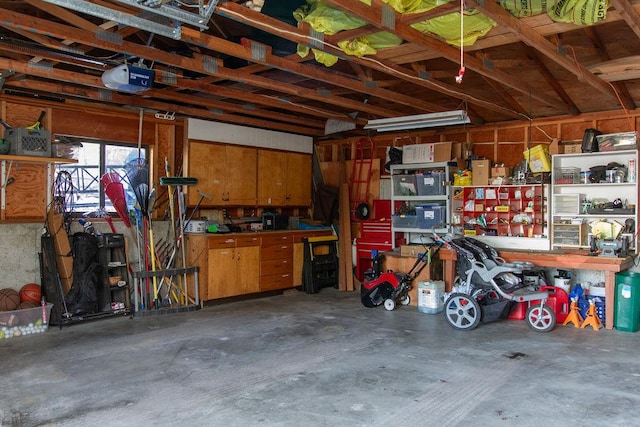 garage featuring a workshop area and a garage door opener