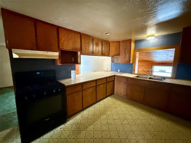 kitchen with a textured ceiling, gas stove, and sink