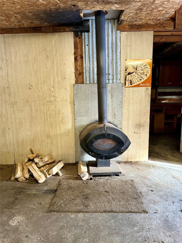 interior details featuring a wood stove