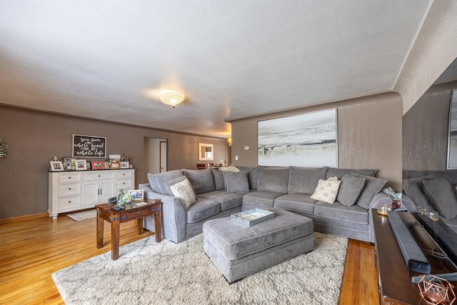 living room with a textured ceiling and light hardwood / wood-style floors