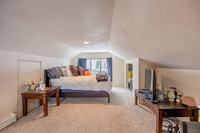 carpeted bedroom featuring vaulted ceiling, a textured ceiling, and a baseboard radiator