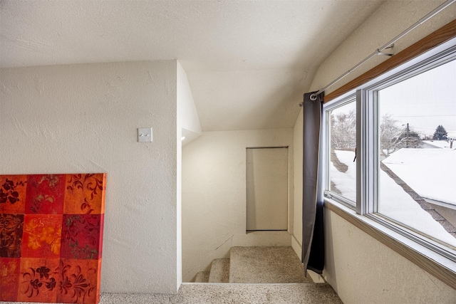 staircase featuring carpet floors and vaulted ceiling