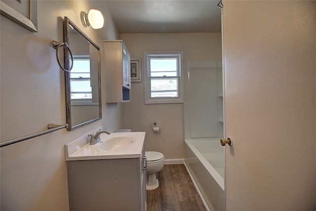 bathroom with wood-type flooring, toilet, and vanity