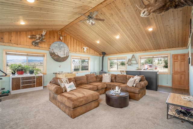 7 Hardy Cir, Ennis, MT 59729 - living room with healthy amount of natural light, light carpet, wooden ceiling, ceiling fan, and recessed lighting