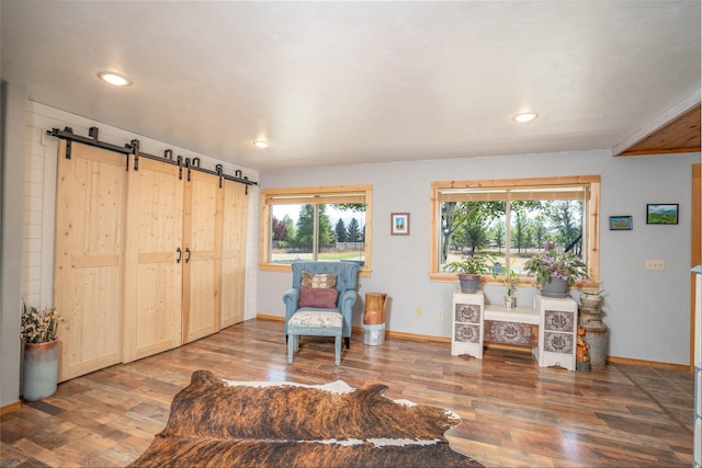 living area with hardwood / wood-style flooring, a barn door, and plenty of natural light