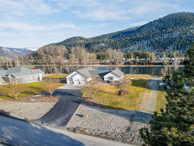 exterior space with a water and mountain view