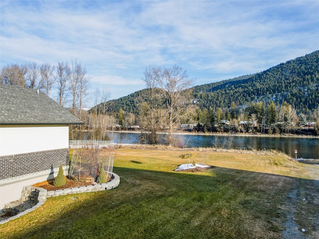 view of yard featuring a water and mountain view