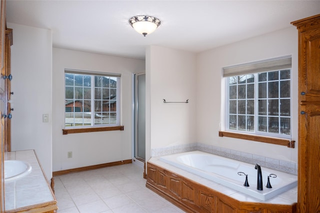 bathroom featuring independent shower and bath and vanity