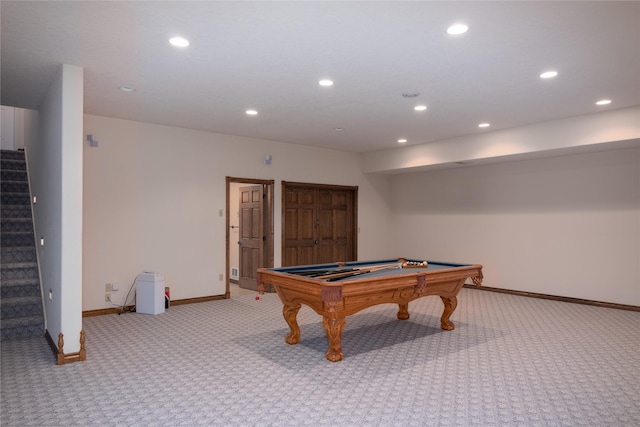 game room with light carpet and billiards