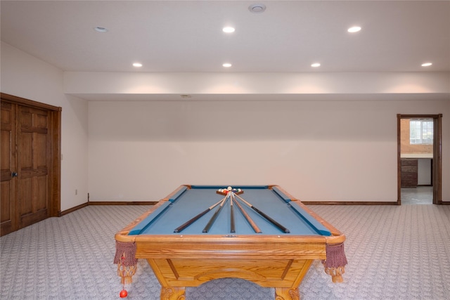 playroom featuring light carpet and billiards