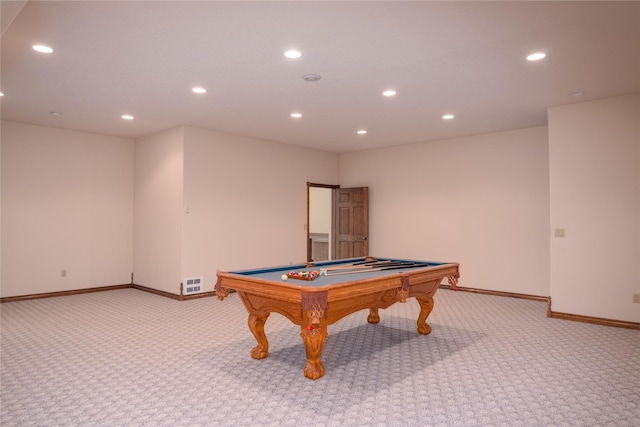 rec room featuring light colored carpet and billiards